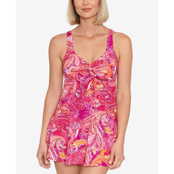 Swim Solutions Plus Size Tummy Control Printed Fauxkini One-Piece Swimsuit, Crea - Picture 1 of 3